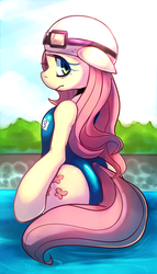 Size: 1301x2277 | Tagged: safe, artist:maren, fluttershy, pony, semi-anthro, g4, bipedal, clothes, female, flattershy, goggles, hat, one-piece swimsuit, school swimsuit, solo, swim mask, swimming cap, swimming pool, swimsuit