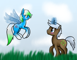 Size: 2946x2310 | Tagged: safe, artist:starshinefox, mochaccino, rare find, oc, oc:nawni, earth pony, pony, unicorn, g4, artificial wings, augmented, blushing, canon x oc, contest entry, high res, magic, magic wings, male, shipping, stallion, wings