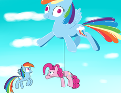 Size: 1300x1000 | Tagged: safe, artist:ccortxx, pinkie pie, rainbow dash, earth pony, pegasus, pony, g4, balloon, cloud, duo, flying, sky, waving