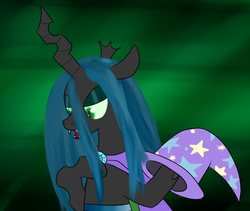 Size: 1100x930 | Tagged: safe, artist:ccortxx, queen chrysalis, changeling, changeling queen, g4, accessory swap, female, kathleen barr, solo, the great and powerful, trixie's cape, trixie's hat, voice actor joke