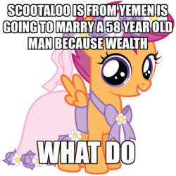Size: 1280x1280 | Tagged: safe, scootaloo, g4, bridesmaid dress, caption, clothes, dress, engrish, female, grammar error, image macro, implied foalcon, implied incest, meme, op is a duck, op is trying to start shit, solo, what do, yemen