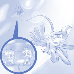 Size: 1000x1000 | Tagged: safe, artist:rayhiros, apple bloom, derpy hooves, dinky hooves, pegasus, pony, g4, equestria's best mother, female, hang gliding, mare, monochrome