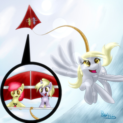 Size: 1000x1000 | Tagged: safe, artist:rayhiros, apple bloom, derpy hooves, dinky hooves, pegasus, pony, g4, equestria's best mother, female, hang glider, hang gliding, mare