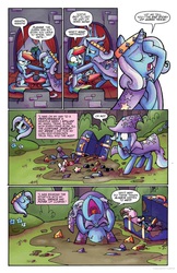 Size: 685x1054 | Tagged: safe, artist:agnesgarbowska, idw, official comic, rainbow dash, trixie, pegasus, pony, unicorn, friends forever #6, g4, my little pony: friends forever, spoiler:comic, cape, clothes, comic, crown, crying, dimondia, drama queen, female, hat, horse puns, idw advertisement, jewelry, mare, mud, ocular gushers, preview, queen trixiana the first, regalia, seaddle, speech bubble, trixie's cape, trixie's hat