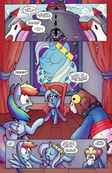 Size: 685x1054 | Tagged: safe, artist:agnesgarbowska, idw, official comic, chancellor jim, rainbow dash, trixie, diamond dog, pegasus, pony, unicorn, friends forever #6, g4, my little pony: friends forever, spoiler:comic, cape, clothes, comic, crown, female, idw advertisement, jewelry, mare, preview, queen trixiana the first, regalia, speech bubble, throne room, trixie's cape