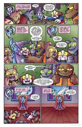 Size: 685x1054 | Tagged: safe, artist:agnesgarbowska, idw, official comic, chancellor jim, rainbow dash, rover, scrappy, sizzlebelle, trixie, diamond dog, pony, unicorn, friends forever, g4, spoiler:comic, spoiler:comicff6, bacon, cape, clothes, comic, female, hat, history of the world part 1, idw advertisement, mare, mel brooks, mud, preview, queen, queen trixiana the first, speech bubble, trixie's cape, trixie's hat