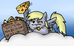 Size: 1800x1137 | Tagged: safe, artist:blayaden, derpy hooves, pegasus, pony, g4, :p, cheese, cloud, female, frown, glare, gradient background, hoof hold, mare, meme, prone, solo, spread wings, thanks m.a. larson, throw the cheese, tongue out, wings
