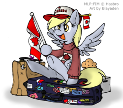 Size: 1600x1411 | Tagged: safe, artist:blayaden, derpy hooves, pegasus, pony, g4, canada, earthbound, female, flag, hoof hold, mare, muffin, onett, raised hoof, simple background, solo, threed, transparent background, underhoof