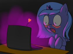 Size: 2176x1625 | Tagged: safe, artist:ccortxx, princess luna, g4, blushing, computer, cute, female, filly, heart, not safe for woona, solo, woona