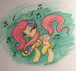 Size: 600x565 | Tagged: safe, artist:bashful-ryno, fluttershy, g4, dancing, female, headphones, mp3 player, smiling, solo, traditional art