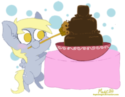 Size: 500x388 | Tagged: safe, artist:raphaelsgirl, derpy hooves, pegasus, pony, g4, chocolate fountain, cute, derpabetes, female, fountain, mare, muffin, solo