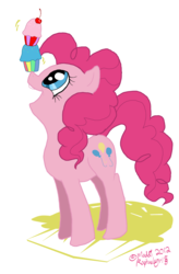Size: 1500x2289 | Tagged: safe, artist:raphaelsgirl, pinkie pie, g4, balancing, cupcake, female, ponies balancing stuff on their nose, solo