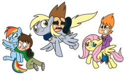 Size: 1024x617 | Tagged: safe, artist:kukimao, derpy hooves, fluttershy, rainbow dash, human, pegasus, pony, g4, crossover, edd gould (eddsworld), eddsworld, matt (eddsworld), tom (eddsworld)