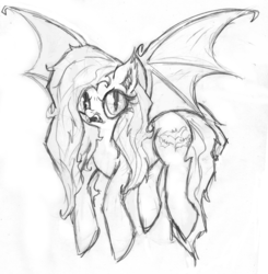 Size: 2058x2100 | Tagged: safe, artist:freecanvas, fluttershy, g4, big eyes, female, flutterbat, high res, monochrome, solo, traditional art