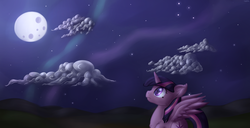 Size: 1280x657 | Tagged: safe, artist:mattatatta, twilight sparkle, alicorn, pony, g4, destiny: a tale of unicorn wings, female, looking up, mare, moon, night, solo, twilight sparkle (alicorn)