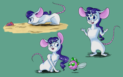 Size: 1407x882 | Tagged: safe, artist:crazypon3, rarity, spike, fly, mouse, parasprite, rodent, g4, eyes on the prize, gem, green background, mousified, paraspritized, rarimouse, simple background, smiling, species swap
