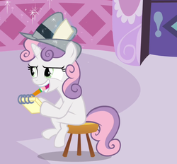 Size: 869x808 | Tagged: safe, screencap, sweetie belle, g4, ponyville confidential, female, hat, notepad, pencil, reporter, sitting, solo, stool