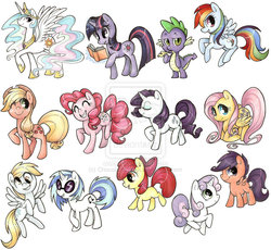 Size: 1634x1506 | Tagged: safe, artist:chocolatellama, apple bloom, applejack, derpy hooves, dj pon-3, fluttershy, pinkie pie, princess celestia, rainbow dash, rarity, scootaloo, spike, sweetie belle, twilight sparkle, vinyl scratch, pegasus, pony, g4, cutie mark crusaders, female, mane seven, mane six, mare