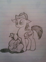 Size: 450x600 | Tagged: safe, artist:zigragirl, oc, oc only, oc:cloud swarmer, pegasus, pony, bag, candy, cap, colt, floppy ears, foal, hat, lined paper, male, monochrome, pencil drawing, solo, traditional art