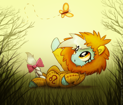 Size: 2645x2268 | Tagged: safe, artist:vulpessentia, leo (g4), butterfly, earth pony, pony, g4, bow, braided tail, clothes, costume, female, high res, leo, mare, on back, ponyscopes, solo, tail bow, zodiac
