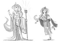 Size: 1280x917 | Tagged: safe, artist:king-kakapo, princess celestia, princess luna, human, g4, clothes, humanized, monochrome, staff