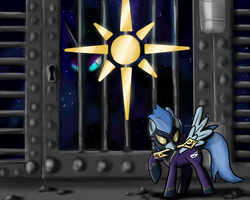 Size: 1024x819 | Tagged: safe, artist:scherzo, nightmare moon, g4, gate, key, mouth hold, prison, raised hoof, shadowbolts, spread wings