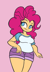 Size: 897x1296 | Tagged: safe, artist:khuzang, pinkie pie, human, g4, breasts, busty pinkie pie, chubby, clothes, curvy, cute, daisy dukes, female, hips, humanized, shorts, solo, thighs, wide hips