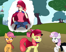 Size: 4000x3200 | Tagged: safe, artist:misterbrony, apple bloom, scootaloo, sweetie belle, human, g4, cape, clothes, cutie mark crusaders, evil smile, human ponidox, humanized, open mouth