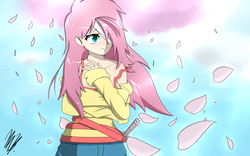 Size: 4000x2500 | Tagged: safe, artist:misterbrony, fluttershy, human, g4, bandage, cherry blossoms, female, flutterbadass, humanized, katana, solo, sword, weapon