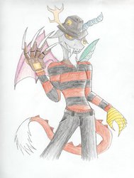 Size: 900x1193 | Tagged: safe, artist:lordvader914, discord, g4, cosplay, freddy krueger, male, nightmare on elm street, solo, traditional art