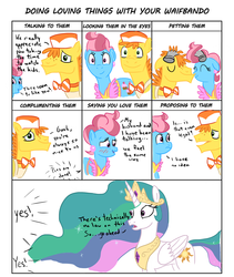 Size: 1600x1900 | Tagged: safe, artist:varemia, carrot cake, cup cake, princess celestia, g4, blushing, cute, derail in the comments, doing loving things, eyes closed, frown, looking at you, meme, open mouth, petting, polygamy, smiling, surprised, waifbando, wide eyes