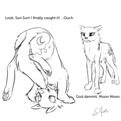Size: 1280x1280 | Tagged: safe, artist:silfoe, princess celestia, princess luna, wolf, lunadoodle, g4, annoyed, biting, chasing own tail, cute, duo, floppy ears, fluffy, frown, glare, grayscale, lunabetes, monochrome, moon moon, paw pads, paws, raised leg, royal sisters, sketch, smiling, species swap, sun sun, sunmutt, tail bite, unamused, upside down, wolfified