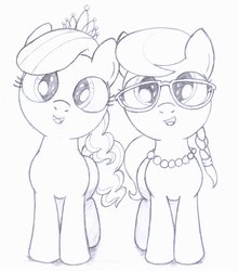 Size: 1583x1800 | Tagged: safe, artist:an-tonio, diamond tiara, silver spoon, pony, g4, adorabullies, cute, diamondbetes, monochrome, silverbetes, traditional art