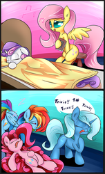 Size: 1024x1687 | Tagged: safe, artist:madacon, fluttershy, pinkie pie, rainbow dash, sweetie belle, trixie, earth pony, pegasus, pony, unicorn, g4, bed, belly, comic, female, filly, foal, hoof on belly, lullaby, mare, music notes, singing, sleeping, speech bubble, zzz