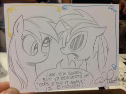 Size: 600x450 | Tagged: safe, artist:andy price, derpy hooves, dj pon-3, vinyl scratch, pegasus, pony, g4, andy you magnificent bastard, britney spears, female, mare, oops!...i did it again, song reference, traditional art
