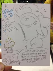 Size: 852x1136 | Tagged: safe, artist:andy price, pinkie pie, fly, insect, g4, cupcake, irl, little tongue, solo, traditional art