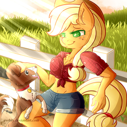 Size: 1500x1500 | Tagged: safe, artist:evehly, applejack, winona, anthro, g4, belly button, breasts, busty applejack, clothes, female, fence, front knot midriff, midriff, petting, shorts