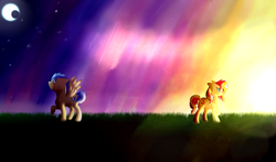 Size: 1024x603 | Tagged: safe, artist:krazykat3, flash sentry, sunset shimmer, pony, g4, breakup, day, duality, female, floppy ears, male, moon, night, raised hoof, sad, ship:flashimmer, ship:flashlight, shipping, spread wings, straight, sun, sunset, sunshine shimmer, twilight (astronomy), walking