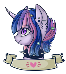 Size: 1341x1500 | Tagged: safe, artist:shyshyoctavia, twilight sparkle, pony, unicorn, g4, alternate hairstyle, bust, choker, chokertwi, curved horn, female, flower, hair accessory, heart, horn, piercing, portrait, profile, punk, short hair, short hair twilight sparkle, simple background, smiling, solo, spiked choker, transparent background, unicorn twilight