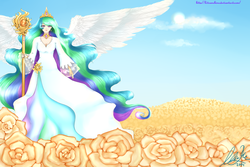 Size: 3000x2000 | Tagged: safe, artist:kitsunehino, princess celestia, human, g4, female, flower, high res, humanized, solo, winged humanization