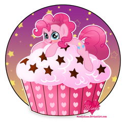 Size: 2449x2449 | Tagged: safe, artist:mimijuliane, pinkie pie, earth pony, pony, g4, cupcake, female, high res, looking at you, mare, solo