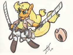 Size: 3168x2400 | Tagged: safe, artist:wetsquirrel, applejack, earth pony, semi-anthro, g4, attack on titan, female, high res, solo, traditional art, weapon