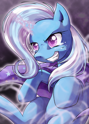 Size: 1512x2102 | Tagged: safe, artist:theunununium, trixie, pony, unicorn, g4, crying, female, glowing horn, grin, horn, magic, mare, solo
