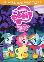 Size: 1066x1500 | Tagged: safe, pinkie pie, rainbow dash, rarity, bat, cat, vampire, g4, official, bipedal, clothes, costume, dvd, dvd cover, halloween, socks, spooktacular pony tales, striped socks, witch