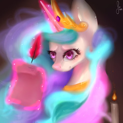 Size: 2000x2000 | Tagged: safe, artist:saoiirse, princess celestia, g4, candle, elements of power, female, high res, magic, quill, scroll, solo