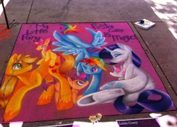 Size: 1600x1149 | Tagged: source needed, safe, artist:lexie casey, apple bloom, applejack, derpy hooves, rainbow dash, rarity, scootaloo, sweetie belle, pegasus, pony, g4, 2014, apple bloom riding applejack, chalk, chalk art festival, chalk drawing, cutie mark crusaders, female, festival, mare, ponies riding ponies, riding, scootalove, street art, toy, traditional art, underhoof, wink