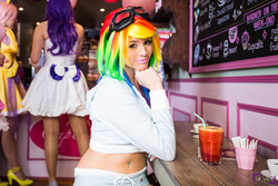 Size: 3199x2133 | Tagged: safe, artist:lexi-farron-strife, artist:lucecosplay, rainbow dash, rarity, human, g4, belly button, belly piercing, bellyring, clothes, cosplay, dress, high res, irl, irl human, midriff, photo, piercing