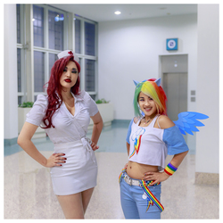 Size: 1060x1060 | Tagged: safe, artist:yellownurbs, rainbow dash, human, g4, 2013, asian, belly button, clothes, comikaze expo, convention, cosplay, crossover, dress, irl, irl human, midriff, nurse, photo, shorts, suspenders, wristband