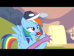 Size: 320x240 | Tagged: safe, screencap, rainbow dash, spike, g4, hurricane fluttershy, baseball cap, blowing, claw, coach, coach rainbow dash, drunk, hat, lazy eye, offscreen character, rainblow dash, solo focus, tired, whistle, whistle necklace