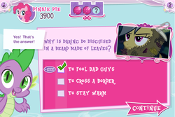 Size: 750x501 | Tagged: safe, daring do, pinkie pie, spike, daring don't, g4, disguise, equestrivia challenge, game, leaves